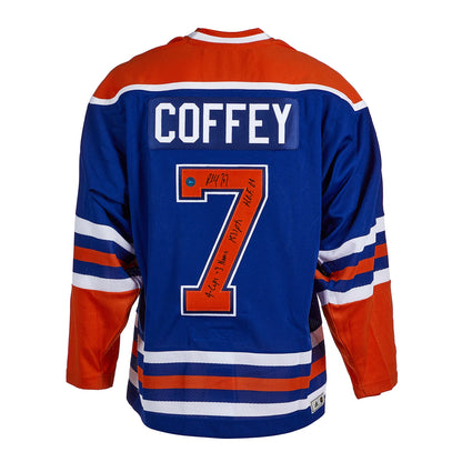 Paul Coffey Edmonton Oilers Signed Career Stats Classic Vintage Jersey