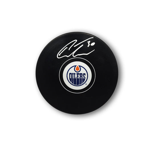 Calvin Pickard Autographed Edmonton Oilers Hockey Puck